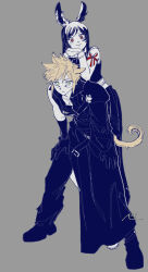 absurdres animal_ears apron arm_ribbon armor black_footwear black_gloves black_hair black_pants black_shirt blonde_hair cat_ears cat_tail closed_mouth cloud_strife crop_top detached_sleeves elbow_on_another&#039;s_shoulder elbow_rest facial_mark final_fantasy final_fantasy_vii final_fantasy_vii_advent_children final_fantasy_xiv full_body gloves green_eyes grey_background high_collar highres korean_commentary leaning_forward long_hair looking_at_viewer miqo&#039;te nul pants rabbit_ears red_eyes red_ribbon ribbon shirt shoulder_armor simple_background single_bare_shoulder single_detached_sleeve smile spiked_hair standing swept_bangs tail tifa_lockhart undershirt viera waist_apron