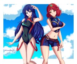 alternate_costume bikini blue_eyes blue_hair blue_sky breasts core_crystal_(xenoblade) cosplay costume_switch crossover fire_emblem fire_emblem_awakening fire_emblem_cipher highres large_breasts long_hair looking_at_viewer lucina_(fire_emblem) medium_breasts multiple_girls nintendo pyra_(pro_swimmer)_(xenoblade) pyra_(xenoblade) red_eyes red_hair short_hair sky sonicheroxd swimsuit thighs xenoblade_chronicles_(series) xenoblade_chronicles_2