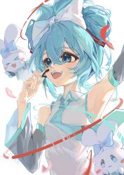1girl :d absurdres armpits bare_shoulders black_sleeves blue_eyes blue_hair blue_necktie bow chinese_commentary chino_(user_zdyd2447) cinnamiku cinnamoroll commentary_request creature detached_sleeves hair_between_eyes hair_bow hatsune_miku highres long_hair looking_ahead microphone necktie open_mouth sanrio shirt simple_background sleeveless sleeveless_shirt smile solo teeth updo upper_body upper_teeth_only vocaloid white_background white_bow white_shirt