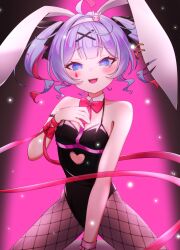 Rule 34 | 1girl, absurdres, ahoge, animal ear hairband, animal ears, bare shoulders, black leotard, blue eyes, blue hair, bow, bowtie, breasts, clothing cutout, commentary request, detached collar, fake animal ears, fishnet pantyhose, fishnets, hair ornament, hairband, hand on own chest, hatsune miku, heart, heart-shaped pupils, heart cutout, highres, leotard, looking at viewer, open mouth, panda 90321, pantyhose, playboy bunny, rabbit ears, rabbit hole (vocaloid), red bow, red bowtie, red ribbon, ribbon, small breasts, solo, symbol-shaped pupils, teardrop facial mark, twintails, vocaloid, x hair ornament