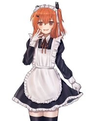 Rule 34 | 1girl, a.i. voice, adachi rei, apron, black thighhighs, contrast collar, cowboy shot, frilled apron, frilled headwear, frills, gloves, hair ornament, hand up, headlamp, highres, laughing, light blush, long sleeves, looking at viewer, maid, maid apron, maid headdress, medium hair, nyaaaa252, open mouth, orange eyes, orange hair, pulling own clothes, radio antenna, simple background, smile, solo, standing, thighhighs, white background, white gloves
