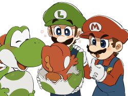 2boys animal_ears baby_yoshi blue_eyes blue_overalls brown_hair egg facial_hair gloves hat hatching highres luigi male_focus mario mario_(series) mimimi_(mimimim9999) multiple_boys mustache nintendo overalls red_yoshi shirt short_hair yoshi