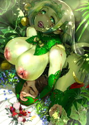 1boy 1girl ameyama_denshin asphyxiation blunt_bangs bouquet breasts bridal_veil brown_hair closed_eyes colored_sclera colored_skin elbow_gloves flower food fruit gloves green_eyes green_gloves green_hair green_skin green_theme hetero highres holding holding_bouquet huge_breasts inverted_nipples large_breasts leaf looking_at_viewer monster_girl nipples open_mouth original pink_flower plant plant_girl pointy_ears sharp_teeth shirt short_hair slit_pupils smile strangling sunlight tail teeth thighhighs veil white_shirt