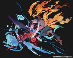 2boys alternate_form animal_ears asymmetrical_horns barefoot battle black_background black_jacket black_wings blue_horns brown_hair clenched_teeth duel energy_sword energy_wings eyeliner fighting fingernails fire fox_ears game_cg glowing glowing_eyes hand_up hero_cantare hood hooded_jacket horns jacket leenim magic makeup mismatched_horns multiple_boys multiple_tails official_art open_mouth orange_eyes pants park_ilpyo pyrokinesis red_eyeliner red_horns sharp_fingernails short_hair simple_background sword tail teeth the_god_of_high_school tower_of_god twenty-fifth_bam water weapon white_hair wings yellow_eyes