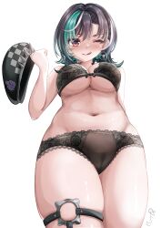 Rule 34 | 1girl, :p, absurdres, aqua hair, arcturus2701, black bra, black hair, black hat, black panties, bra, breasts, cameltoe, hat, highres, hololive, hololive dev is, large breasts, looking at viewer, medium hair, multicolored hair, navel, o-ring, o-ring thigh strap, one eye closed, panties, red eyes, rindo chihaya, smile, solo, streaked hair, thick thighs, thigh strap, thighs, tongue, tongue out, underboob, underwear, underwear only, virtual youtuber, white hair