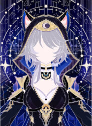 1girl a-pose absurdres animal_ear_fluff animal_ears black_hood breasts cat_ears cat_girl cipher_(honkai:_star_rail) commentary_request faceless faceless_female facing_viewer grey_hair highres honkai:_star_rail honkai_(series) large_breasts mole qingcichuan short_hair_with_long_locks solo straight-on upper_body watermark
