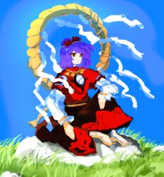 1girl barefoot blue_sky brown_skirt clear_sky closed_mouth commentary_request day expressionless full_body grass highres layered_sleeves long_sleeves looking_afar mirror outdoors purple_hair red_eyes red_shirt red_skirt ritsuzou rock rope shide shimenawa shirt short_hair short_over_long_sleeves short_sleeves sitting skirt sky solo touhou two-tone_skirt yasaka_kanako