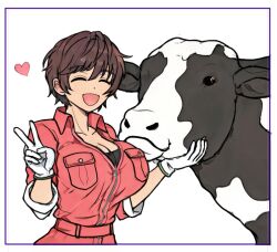 1girl 1other animal breast_pocket breasts brown_hair cleavage collarbone cow gloves heart holding holding_animal huge_breasts idolmaster idolmaster_cinderella_girls jumpsuit makia_very oikawa_shizuku pocket red_jumpsuit short_hair sleeves_rolled_up smile v white_gloves zipper