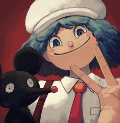 1girl bag beret blue_eyes blue_hair blush city_(arawi_keiichi) handbag happy hat izumi_wako necktie pepponeppo red_background shirt stuffed_animal stuffed_toy v white_shirt