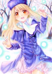 1girl bare_tree blush coat cowboy_shot day fate/stay_night fate_(series) fur_hat grey_hair hachi78b hands_up hat highres illyasviel_von_einzbern looking_at_viewer marker_(medium) open_mouth outdoors papakha purple_coat purple_hat red_eyes scarf smile snow solo traditional_media tree white_scarf winter winter_clothes