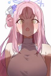 1boy 1girl @_@ absurdres bare_shoulders blue_archive blush dress erection hair_bun hair_intakes hair_ornament halo hetero highres large_penis long_hair looking_at_penis mika_(blue_archive) mixed-language_commentary open_mouth penis penis_shadow pink_hair pink_halo sexually_suggestive simple_background single_hair_bun single_side_bun sleeveless sleeveless_dress sleeveless_turtleneck_dress solo_focus surprised sweat timit turtleneck turtleneck_dress upper_body white_background white_dress wide-eyed yellow_eyes
