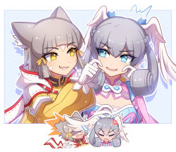 2girls animal_ears blue_eyes blunt_bangs bodysuit cat_ears enni facial_mark gloves hat head_wings melia_antiqua multiple_girls nia_(xenoblade) short_hair silver_hair white_gloves wings xenoblade_chronicles_(series) xenoblade_chronicles_1 xenoblade_chronicles_2 yellow_bodysuit yellow_eyes