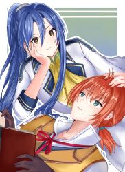 1boy 1girl blue_hair book bow bowtie brown_gloves commission double-parted_bangs eiyuu_densetsu elliot_craig gloves green_eyes hair_between_eyes hair_intakes high_collar highres holding holding_book kyu_urachi laura_s._arseid long_hair long_sidelocks mixed-language_commentary neckerchief open_book ponytail red_bow red_bowtie second-party_source sen_no_kiseki sen_no_kiseki_(series) sen_no_kiseki_iii short_hair sidelocks simple_background smile two-tone_background yellow_eyes yellow_neckerchief