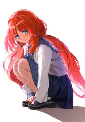 1girl absurdres alternate_costume black_shoes blue_eyes blue_sailor_collar blue_skirt blush closed_mouth commentary contemporary from_behind full_body genshin_impact highres hobio long_hair long_sleeves low_twintails nilou_(genshin_impact) pleated_skirt red_hair sailor_collar school_uniform serafuku shadow shirt shoes simple_background skirt smile socks solo squatting twintails very_long_hair white_background white_shirt white_socks