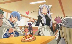4boys 4girls apron artist_name aura_(sousou_no_frieren) black_dress blood blood_on_face blowing_kiss cloak commentary dress earrings eisen_(sousou_no_frieren) elf fern_(sousou_no_frieren) frieren glasses heart heiter himmel_(sousou_no_frieren) hood hooded_cloak horns indoors jewelry kadeart ketchup linie_(sousou_no_frieren) long_hair lugner_(sousou_no_frieren) maid_cafe maid_headdress multiple_boys multiple_girls pointy_ears purple_hair sousou_no_frieren sparkle sweatdrop symbol-only_commentary twintails