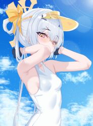 Rule 34 | 1girl, absurdres, armpits, arms behind head, arms up, bare arms, bare shoulders, black bow, black gloves, blue archive, blue sky, blush, bow, breasts, cosplay, covered navel, fate/grand order, fate (series), forked eyebrows, gloves, hair between eyes, hair bow, halo, hat, highres, horns, kayu manis19, long hair, looking at viewer, melusine (fate), one-piece swimsuit, presenting armpit, seia (blue archive), seia (blue archive) (cosplay), seia (swimsuit) (blue archive), sidelocks, sky, small breasts, solo, sunglasses, swimsuit, visor cap, white hair, white one-piece swimsuit, yellow eyes, yellow hat