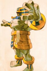 Rule 34 | 1boy, absurdres, anakaris, ancient egyptian, bandaged chest, bandages, bengus, capcom, darkstalkers, game cg, highres, male focus, marvel vs. capcom, marvel vs. capcom 2, monster, mummy, naked bandage, non-web source, official art, outstretched arms, red eyes, scan, simple background, solo, standing, undead