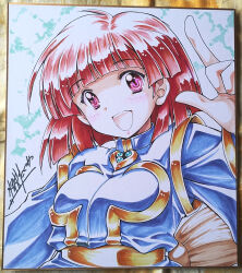 1girl :d blush breasts brooch broom comiket_103 cotton_(character) cotton_(game) gold_trim index_finger_raised jewelry looking_at_viewer medium_hair mizushiro_takuya open_mouth purple_eyes red_hair signature small_breasts smile solo success traditional_media upper_body