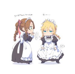 1boy 1girl aerith_gainsborough apron aqua_eyes black_dress black_shoes blonde_hair blush bow braid braided_ponytail brown_hair chibi chibi_only cloud_strife collared_dress crossdressing dress final_fantasy final_fantasy_vii green_eyes hair_bow hand_to_own_mouth highres juliet_sleeves long_hair long_sleeves looking_at_another maid maid_apron maid_headdress parted_bangs pink_bow puffy_sleeves ringon shoes short_hair sidelocks single_braid smile spiked_hair twin_braids white_apron white_background