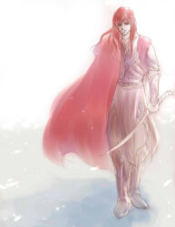 Rule 34 | 1boy, armor, belt, cape, closed eyes, closed mouth, elf, eyebrows hidden by hair, full body, holding, holding sword, holding weapon, long hair, maedhros, male focus, mintkim, pointy ears, prince, red cape, red hair, solo, standing, sword, the silmarillion, tolkien&#039;s legendarium, weapon