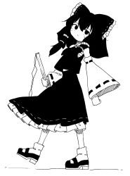 1girl absurdres bare_shoulders bow detached_sleeves flat_color frilled_bow frilled_hair_tubes frilled_skirt frills full_body gohei greyscale hair_bow hair_tubes hakurei_reimu highres holding holding_gohei looking_at_viewer mary_janes monochrome nontraditional_miko ribbon-trimmed_sleeves ribbon_trim shirt shoes sidelocks simple_background skirt sleeveless sleeveless_shirt socks solo touhou uzou_(uzooooooooo)