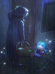 1girl 1other basket black_bow black_dress bow dress food green_hair grey_dress gwen_(league_of_legends) hair_bow highres holding league_of_legends long_sleeves mian_135 open_door outdoors rain stuffed_animal stuffed_toy teddy_bear