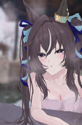 Rule 34 | 1girl, absurdres, ahoge, animal ears, blue eyes, blue ribbon, blush, breasts, cleavage, fgej8858, grey hair, hair between eyes, hair ribbon, highres, horse ears, horse girl, long hair, mole, mole under eye, multicolored hair, naked towel, onsen, parted lips, ribbon, solo, steam, streaked hair, towel, twintails, umamusume, very long hair, vivlos (umamusume), wet, white hair