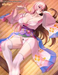 1girl artist_name bare_shoulders blue_kimono blush breasts brown_eyes brown_hair cleavage closed_mouth collarbone commentary english_commentary feet_out_of_frame floral_print hands_up heterochromia highres japanese_clothes kimono large_breasts long_hair long_sleeves looking_at_viewer lying multicolored_hair multicolored_kimono neopolitan_(rwby) obi off_shoulder on_back orange_kimono panties patreon_logo patreon_username pink_eyes pink_hair pink_kimono purple_sash rwby sash solo split-color_hair thick_thighs thighhighs thighs tokkuri two-tone_hair underwear variant_set vilde_loh_hocen white_panties white_thighhighs wide_sleeves yukata