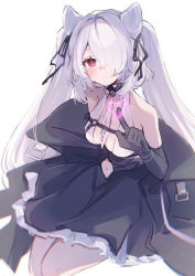 1girl azur_lane bare_shoulders black_gloves blush breasts closed_mouth clothing_cutout cone_hair_bun elbow_gloves gloves hair_bun hair_over_one_eye heart highres kiev_(azur_lane) kiev_(backstreet_silver_sonata)_(azur_lane) long_bangs official_alternate_costume one_eye_covered red_eyes simple_background star twintails white_background white_hair