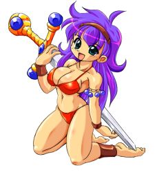1girl athena_(series) barefoot bikini breasts cleavage feet green_eyes highres ichiyasu kneeling large_breasts long_hair looking_at_viewer open_mouth princess_athena purple_hair smile snk solo swimsuit sword the_king_of_fighters weapon