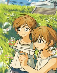 1boy 1girl arms_behind_back bare_arms bare_shoulders brown_hair bubble closed_mouth collarbone day dress grass highres holding holding_paper_airplane original outdoors paper_airplane shirt short_hair sihyun25 sleeveless sleeveless_dress sleeveless_shirt smile summer upper_body white_dress white_shirt