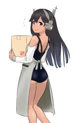 1girl apron black_hair black_one-piece_swimsuit box cardboard_box commentary_request dark-skinned_female dark_skin detached_sleeves feet_out_of_frame from_behind grey_apron grey_eyes headgear i-400_(kancolle) kantai_collection long_hair looking_back nearly_naked_apron one-piece_swimsuit simple_background solo swimsuit tamu_(mad_works) white_background