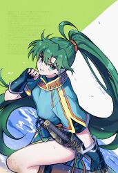 1girl absurdres blue_dress breasts covered_erect_nipples dated dress earrings fingerless_gloves fire_emblem fire_emblem:_the_blazing_blade gloves green_background green_eyes green_hair hair_between_eyes highres jewelry long_hair looking_at_viewer lyn_(fire_emblem) medium_breasts nintendo ponytail rooru_kyaabetsu sheath sheathed short_sleeves signature smile solo sword thighs two-tone_background very_long_hair weapon white_background