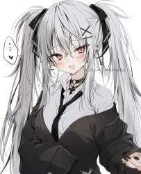 ... 1girl black_bow black_nails black_necktie black_sweater blush bow choker collared_shirt commentary_request cross cross_earrings cross_necklace double-parted_bangs ear_piercing earrings fang hair_between_eyes hair_bow hair_ornament hairclip heart highres jewelry long_eyelashes looking_at_viewer loose_necktie multicolored_hair necklace necktie o-ring o-ring_choker off-shoulder_sweater off_shoulder original piercing pointy_ears red_eyes shirt skin_fang solo speech_bubble streaked_hair sweater twintails twitter_username white_background white_shirt x_hair_ornament yoruhoshi_owl