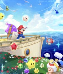 2boys bird blue_overalls blue_sky brown_hair captain_toad cloud_flower_(mario) day facial_hair flower gloves grass hat headlamp highres lubba luma_(mario) mario mario_(series) multiple_boys mustache nintendo outdoors overalls red_flower red_hat red_luma red_shirt sasaki_sakiko shirt short_hair sky star_bit super_mario_galaxy_2 water white_bird white_flower white_gloves