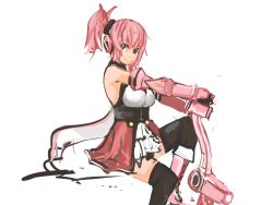 1girl bare_shoulders boots bow_(weapon) breasts cosmic_break elbow_gloves female_focus gloves halterneck headphones highres knee_boots lace-up_boots melfi panties_(pantsu-pirate) pink_hair ponytail sitting smile solo thighhighs weapon yellow_eyes