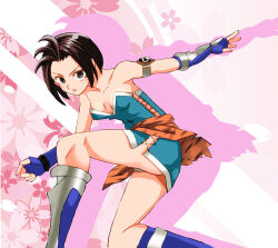 Rule 34 | 1girl, bare shoulders, black hair, breasts, brown eyes, closed mouth, dress, gensou suikoden, gensou suikoden iv, gloves, looking at viewer, looking to the side, mizuki (suikoden), onnaski, panties, short hair, skirt, small breasts, solo, turning head, underwear, white panties