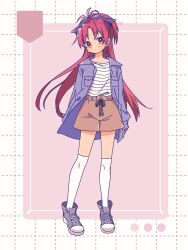 Rule 34 | 1girl, absurdres, brown shorts, coat, full body, grid background, highres, long hair, looking at viewer, mahou shoujo madoka magica, purple coat, red eyes, red hair, ruru (rurumagi), sakura kyoko, shirt, shorts, socks, thighhighs, white shirt, white socks
