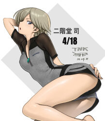 1girl alice_gear_aegis barefoot blonde_hair blue_eyes breasts brown_hair from_side hand_on_own_ass looking_at_viewer nikaido_tsukasa open_mouth pink_nails short_hair small_breasts takada_kazuhiro thighs upshorts
