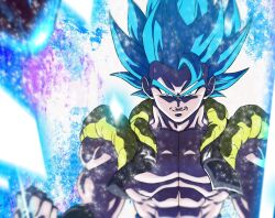 Rule 34 | 1boy, abs, aura, black vest, blue eyes, blue hair, clenched hand, closed mouth, cropped vest, dragon ball, dragon ball super, dragon ball super broly, gogeta, highres, male focus, medium hair, metamoran vest, muscular, muscular male, open clothes, open vest, powering up, smirk, solo, spiked hair, super saiyan, super saiyan blue, tenseihahihu94, upper body, vest