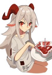 1girl absurdres animal_ears bacon borrowed_character cutting food ghost_(tama) grey_hair grey_shirt hair_between_eyes highres horns long_hair looking_at_viewer no_pants original shirt smile solo steak t-shirt tail very_long_hair white_background