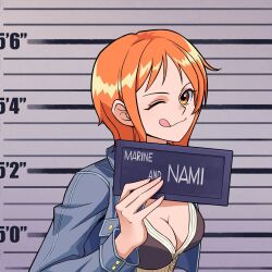 1girl ;p barbie_(franchise) barbie_(live_action) barbie_mugshot_(meme) breasts cleavage cropped_jacket hashtag-only_commentary highres holding looking_at_viewer meme miuny nami_(one_piece) one_eye_closed one_piece orange_eyes orange_hair short_hair single_sidelock solo tongue tongue_out upper_body