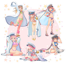 +_+ 6+girls :d absurdres alternate_costume alternate_hair_length alternate_hairstyle ankle_cuffs arms_behind_head arms_up bare_arms bare_legs bare_shoulders bikini black_hair blue_background blue_bikini blue_hair blunt_bangs blunt_ends blush border braid breasts brown_eyes brown_hair butterfly_sitting cleavage_cutout clothing_cutout coat coat_around_waist coat_on_shoulders colored_inner_hair commentary_request criss-cross_halter dot_nose earrings embarrassed epaulettes fang flat_chest flower frilled_garter frilled_thigh_strap frown full_body green_bikini green_eyes groin hair_between_eyes hair_flower hair_intakes hair_ornament hair_ribbon hairclip halterneck hand_in_own_hair hand_on_headwear hand_on_own_hip hand_up hat heart high_heels highres hozuki_kaede hozuki_momiji jewelry kyarahiba large_breasts leaning_forward leg_ribbon light_blush long_hair long_sleeves looking_at_viewer low_twintails medium_breasts multicolored_hair multiple_girls murosaki_miyo navel neckerchief official_alternate_costume official_alternate_hair_length official_alternate_hairstyle oka_asahi one-piece_swimsuit one_eye_closed onii-chan_wa_oshimai! open_clothes open_coat open_mouth orange_hair outside_border oversized_clothes oyama_mahiro oyama_mihari peaked_cap pink_background pink_bikini pink_eyes pink_hair platform_footwear platform_heels purple_bikini purple_hair red_hair red_neckerchief red_ribbon ribbon sailor_bikini sailor_collar self_hug shoes side_braid single_bare_foot sitting sleeves_past_fingers sleeves_past_wrists small_breasts smile sparkle_background spread_legs standing star_(symbol) stomach swimsuit tearing_up thigh_gap thigh_ribbon thigh_strap twintails two-tone_hair two_side_up very_long_hair very_long_sleeves white_background white_border white_coat white_footwear white_hat wince wrist_cuffs yellow_background yellow_one-piece_swimsuit yellow_shoes
