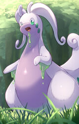 :d commentary_request day gen_6_pokemon goodra grass green_eyes highres nintendo no_humans open_mouth outdoors pokemon pokemon_(creature) pokemon_focus rumine_(yoshi1234567) smile solo standing tongue tree