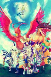 3girls 5boys angemon birdramon boxing_gloves bug cactus digimon digimon_(creature) exoskeleton garurumon glasses greymon highres horns ikkakumon ishida_yamato izumi_koshiro kabuterimon kido_jo multiple_boys multiple_girls plant rhinoceros_beetle sharp_teeth spines tachikawa_mimi tailmon takaishi_takeru takenouchi_sora teeth togemon yagami_hikari yagami_taichi