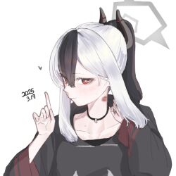 1girl bite_mark bite_mark_on_neck black_choker black_hair black_hoodie black_horns blue_archive blush choker closed_mouth collarbone commentary_request dated hair_between_eyes halo heart highres hood hood_down hoodie horns kayoko_(blue_archive) looking_at_viewer mole mole_on_collarbone multicolored_hair ponytail red_eyes roadcrow sidelocks simple_background solo two-tone_hair white_background white_hair