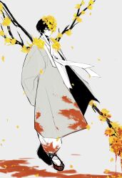 1boy absurdres black_hair blood blood_on_clothes blood_on_ground bloody_weapon branch closed_mouth e.g.o_(project_moon) flower full_body grey_hanbok hanbok highres holding holding_branch korean_clothes leaf limbus_company munh422 one_eye_covered pants project_moon short_hair simple_background solo spicebush_(e.g.o) technology_liberation_alliance_(identity)_(project_moon) third-party_source weapon yellow_eyes yi_sang_(project_moon)