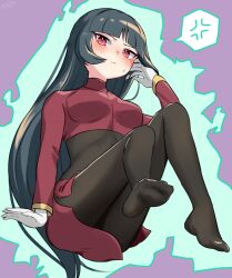 1girl absurdres adjusting_hair amakusa_setoka anger_vein ass barefoot black_bodysuit black_hair blue_hair blunt_bangs blush bodysuit bodysuit_under_clothes breasts crop_top dark_blue_hair gloves good_thighs_day highres hime_cut jacket knees_up large_breasts long_hair long_sleeves nintendo pantyhose pencil_skirt pokemon pokemon_frlg red_eyes red_jacket red_skirt sabrina_(pokemon) side_slit skirt solo spoken_anger_vein telekinesis thighs turtleneck turtleneck_jacket v-shaped_eyebrows white_gloves