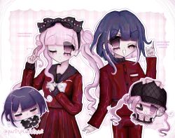 1boy 1girl brother_and_sister chibi english_text long_hair long_sleeves one_eye_closed open_mouth pink_eyes pink_hair purple_hair siblings simple_background standing the_hundred_line_-last_defense_academy- tsukumo_ima tsukumo_kako twins twintails wink