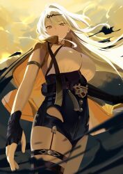 1girl absurdres black_gloves black_shorts black_thighhighs breasts cowboy_shot fingerless_gloves floating_hair gloves gold_armlet high-waist_shorts highres jacket large_breasts long_hair looking_at_viewer open_clothes open_jacket shirt shorts single_hair_intake single_thighhigh solo thighhighs tnr_(horiko1525) white_hair white_shirt yellow_eyes yellow_jacket yi_xuan_(zenless_zone_zero) zenless_zone_zero
